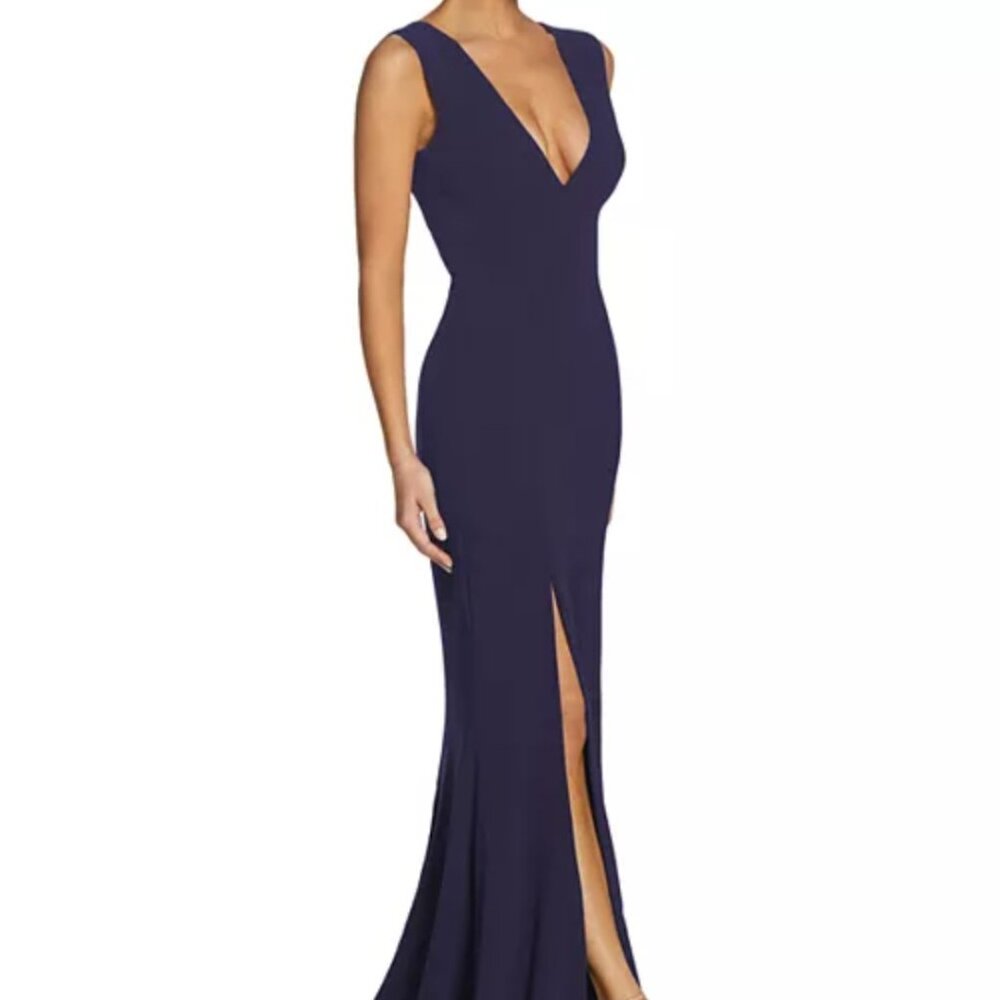 Sandra Crepe Plunge V-Neck Sleeveless Side Slit Gown/ Midnight Blue M